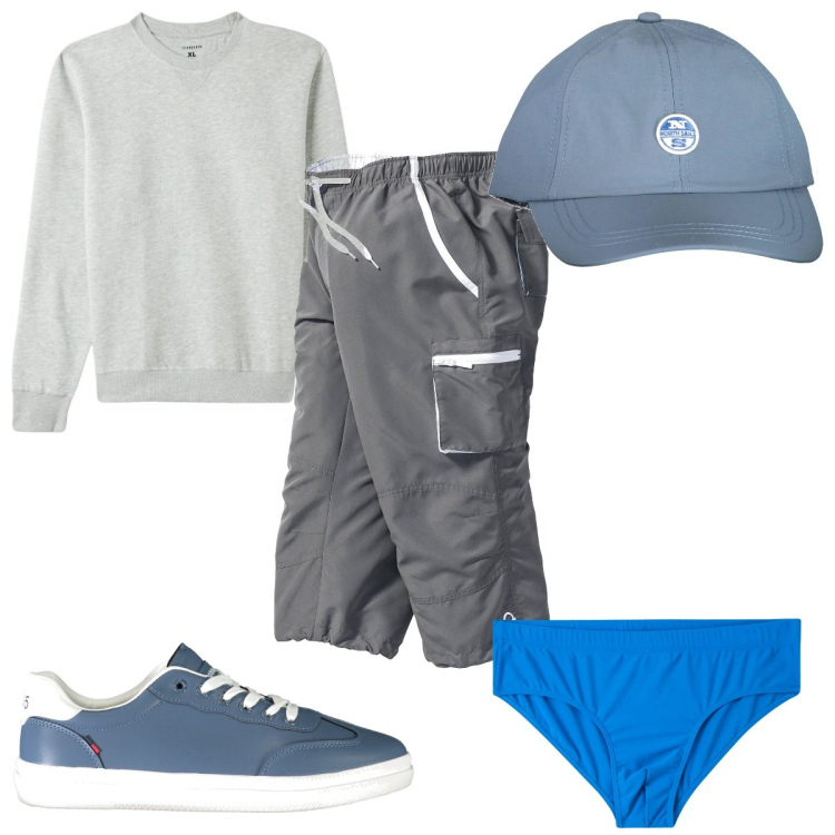 Outfit uomo - Total look #2003191. Stile Trendy per Tutti i giorni. Abbinamento con pantaloni capri, costumi, felpe, sneakers, cappelli con visiera.