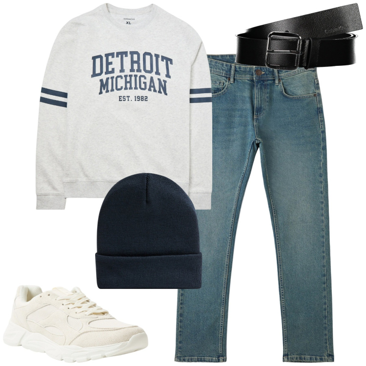 Outfit uomo - La felpa college. Stile Casual per Tutti i giorni. Abbinamento con felpe, jeans, berretti, sneakers, cinture.