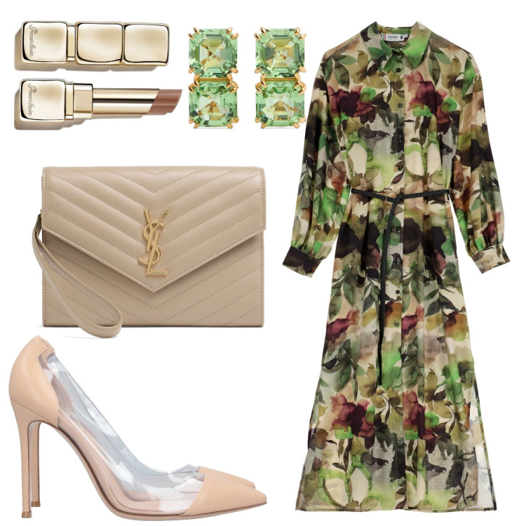 Outfit donna - Tres chic. Stile Romantica per Cerimonia. Abbinamento con décolleté, rossetti, vestiti lunghi, pochette, orecchini.