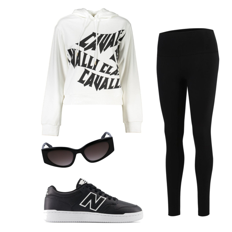 Outfit donna - Bianco Neve. Stile Basic per Sport. Abbinamento con leggings, sneakers, felpe con cappuccio, occhiali da sole.