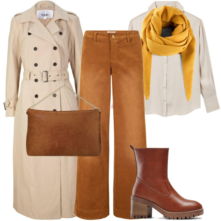 Outfit donna - Con il trench lungo. Stile Casual chic per Tutti i giorni. Abbinamento con stivaletti, pantaloni, foulard, trench, camicie, pochette.