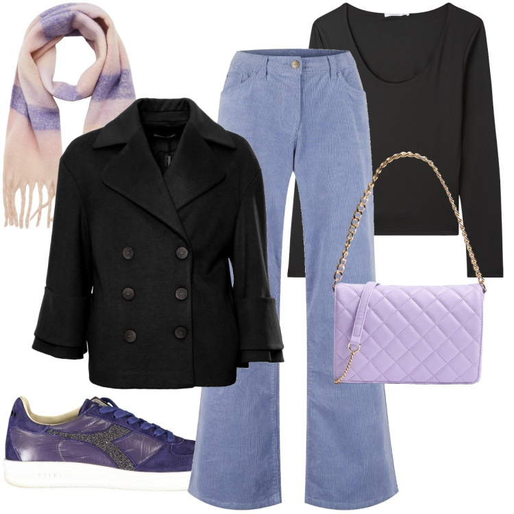 Outfit donna - Lilla con il nero. Stile Casual chic per Scuola/Università. Abbinamento con pantaloni, sciarpe, t-shirt, borse a tracolla, cappotti, sneakers.