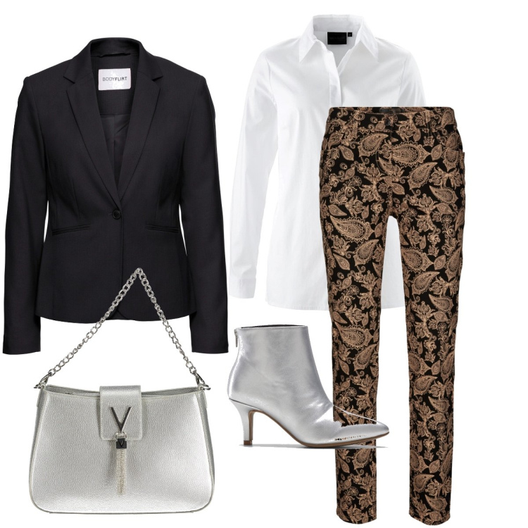 Outfit donna - Il pantalone damascato. Stile Glamour per Serata fuori. Abbinamento con pantaloni, blazer, camicie, stivaletti, borse a spalla.