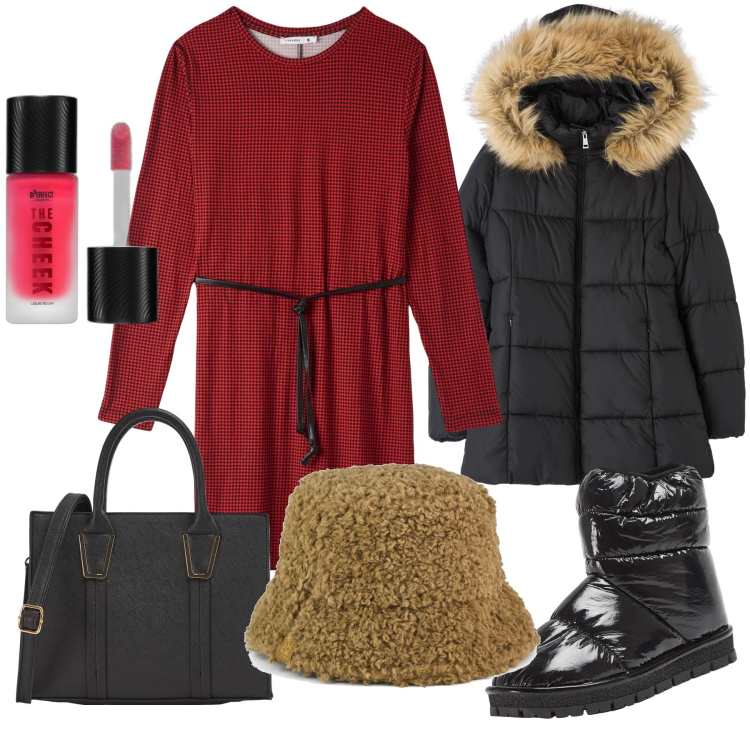 Outfit donna - It s cold outside. Stile Urban per Tutti i giorni. Abbinamento con blush, vestiti midi/longuette, piumini, shopping bag, stivali da neve, cappelli.