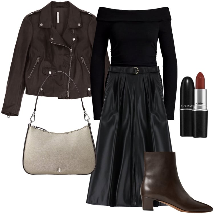 Outfit donna - Il chiodo di pelle. Stile Rock per Serata fuori. Abbinamento con rossetti, gonne lunghe, giacche, maglieria, stivaletti, borse a spalla.