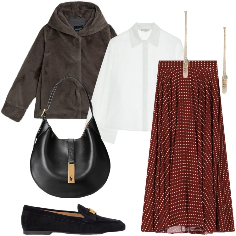 Outfit donna - La gonna a pois. Stile Trendy per Tutti i giorni. Abbinamento con blazer, gonne lunghe, camicie, borse a spalla, mocassini, orecchini.