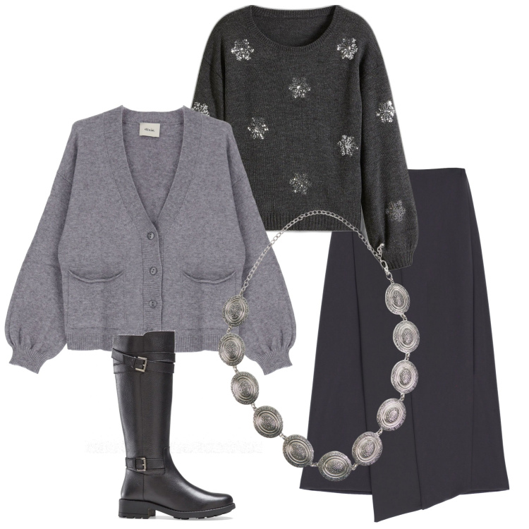 Outfit donna - In ufficio. Stile Casual chic per Ufficio. Abbinamento con stivali, maglieria, cinture, gonne longuette, cardigans.