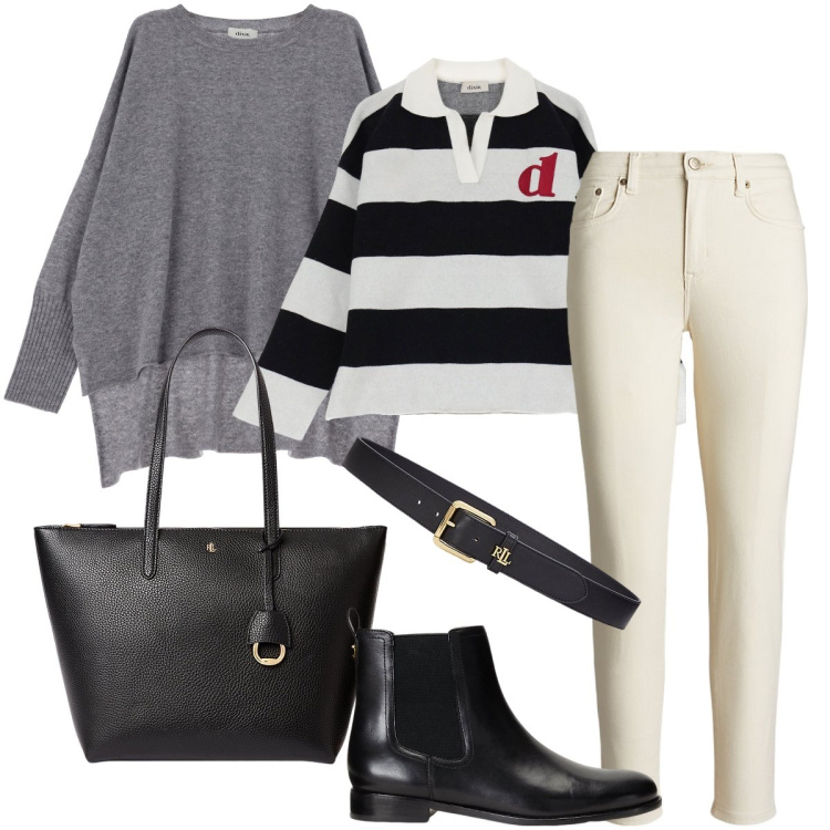 Outfit donna - La t-shirt a righe. Stile Sporty chic per Tutti i giorni. Abbinamento con cinture, stivaletti chelsea, borse tote, jeans skinny, polo, pullovers.