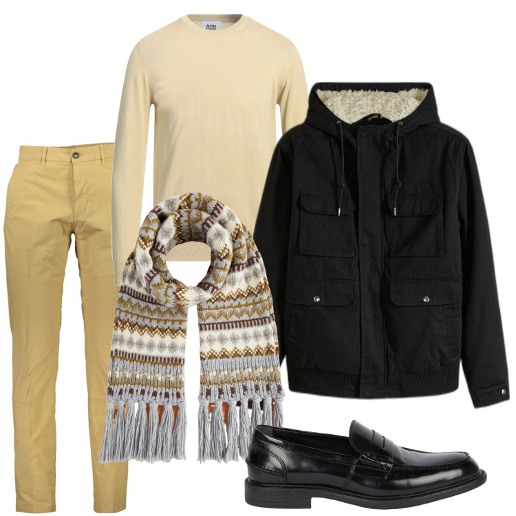 Outfit uomo - Eleganza innata. Stile Trendy per Ufficio. Abbinamento con pullovers, piumini, sciarpe, pantaloni, scarpe stringate.