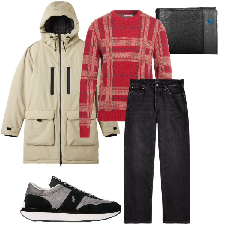 Outfit uomo - La maglia rossa a fantasia. Stile Casual per Ufficio. Abbinamento con pullovers, parka, jeans dritti, sneakers, portafogli.