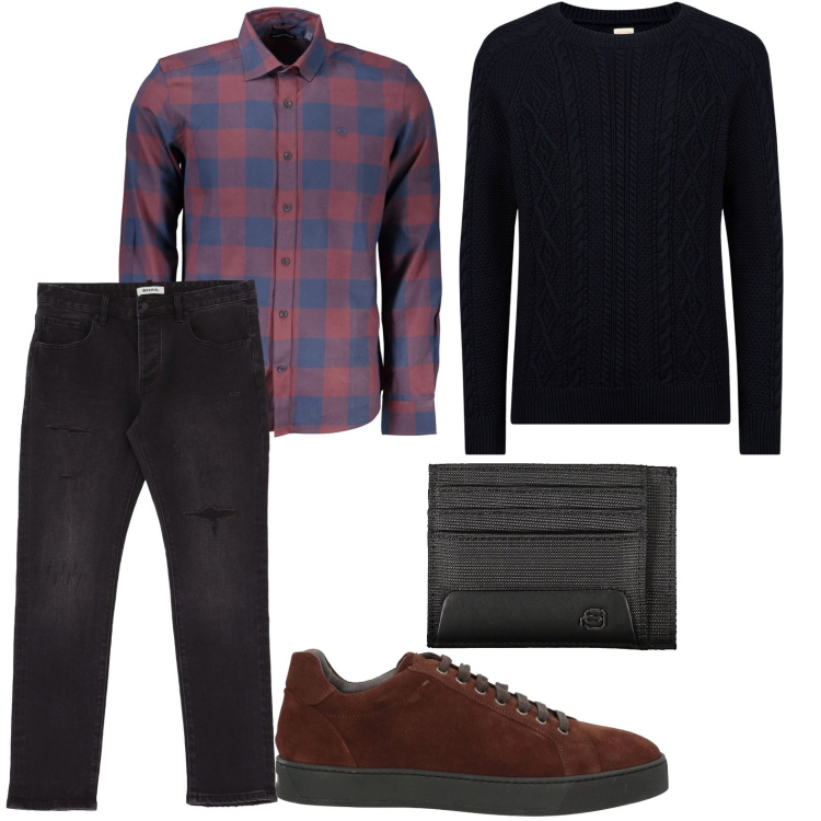 Outfit uomo - Una camicia per l\'autunno. Stile Trendy per Tutti i giorni. Abbinamento con sneakers, jeans slim fit, maglieria, camicie, portafogli.