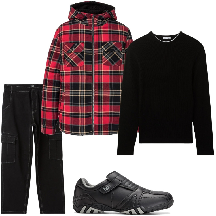 Outfit uomo - Look sportivo. Stile Casual per Tutti i giorni. Abbinamento con scarpe stringate, cappotti, pantaloni cargo, maglieria.