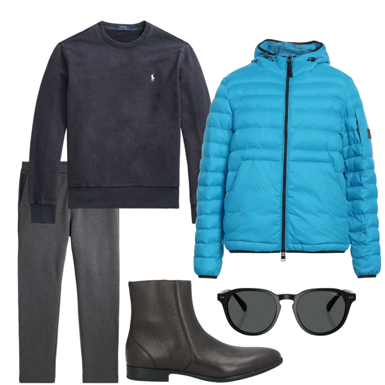 Outfit uomo - Il piumino azzurro cielo. Stile Casual per Serata speciale. Abbinamento con stivali e stivaletti, piumini, occhiali da sole, felpe, pantaloni.