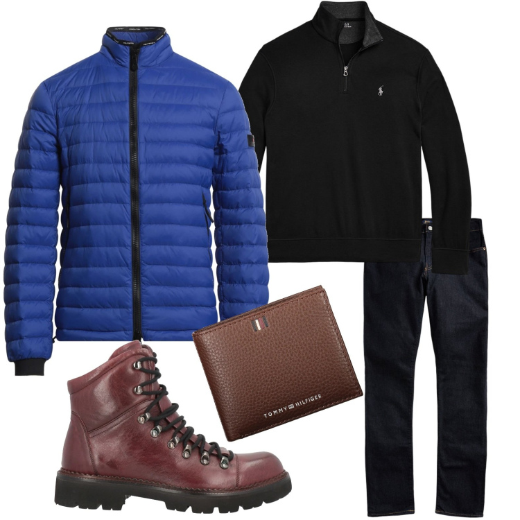 Outfit uomo - Il blu indaco è trendy. Stile Trendy per Serata speciale. Abbinamento con piumini, anfibi, jeans, pullovers, portafogli.