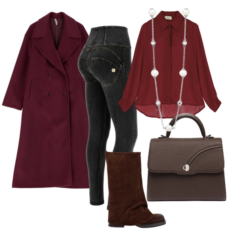 Outfit donna - Cappotto Bordeaux a novembre. Stile Trendy per Tutti i giorni. Abbinamento con collane, cappotti, jeggings, camicie, stivali, borse a mano.