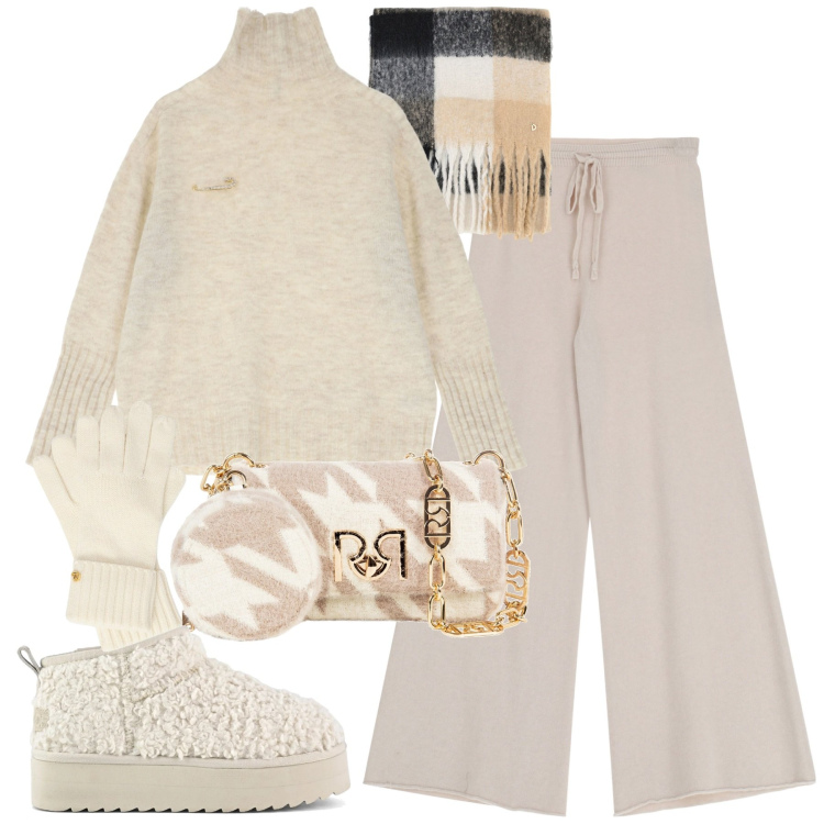 Outfit donna - Morbida maglia. Stile Trendy per Tutti i giorni. Abbinamento con borse a tracolla, maglieria, pantaloni, stole, guanti, stivaletti.