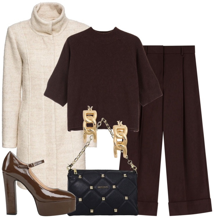 Outfit donna - Minimal chic. Stile Minimal per Tutti i giorni. Abbinamento con cappotti, décolleté, pantaloni, maglieria, borse a spalla, orecchini.