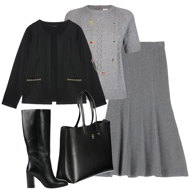 Outfit donna - Pronta per un nuovo giorno. Stile Minimal per Tutti i giorni. Abbinamento con stivali, collane, gonne lunghe, maglieria, blazer, borse a spalla.