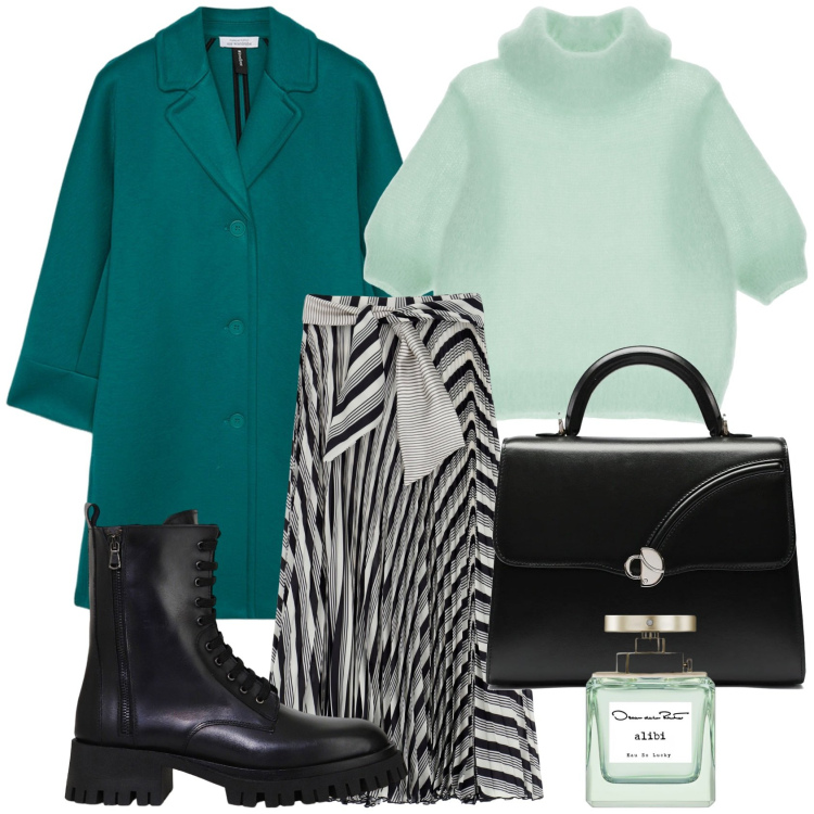 Outfit donna - Primo freddo. Stile Casual per Tutti i giorni. Abbinamento con profumi, gonne lunghe, maglieria, stivali, cappotti, borse a mano.