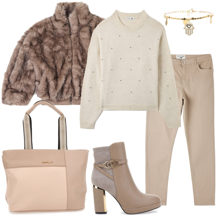 Outfit donna - Tonalità neutre. Stile Casual chic per Serata fuori. Abbinamento con maglieria, ecopellicce, pantaloni, braccialetti, stivaletti, borse a spalla.