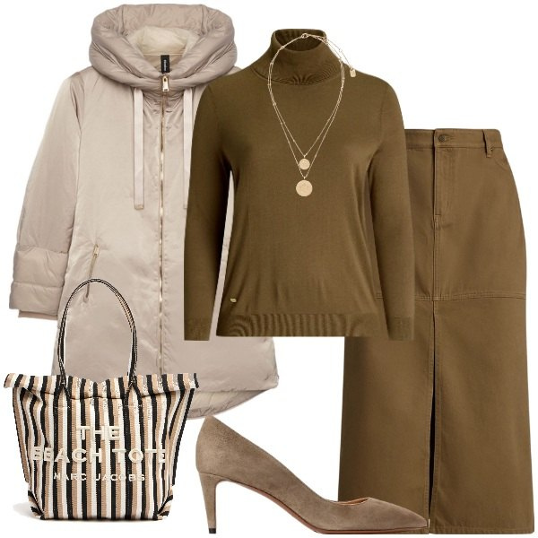 Outfit donna - Piumino in città. Stile Casual chic per Ufficio. Abbinamento con ciondoli, gonne, maglieria, décolleté, piumini, borse tote.
