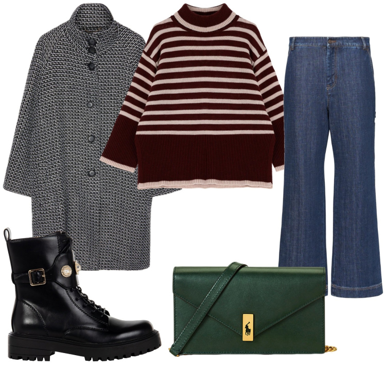 Outfit donna - Novembre. Stile Casual per Tutti i giorni. Abbinamento con anfibi, maglieria, clutch, cappotti, jeans.