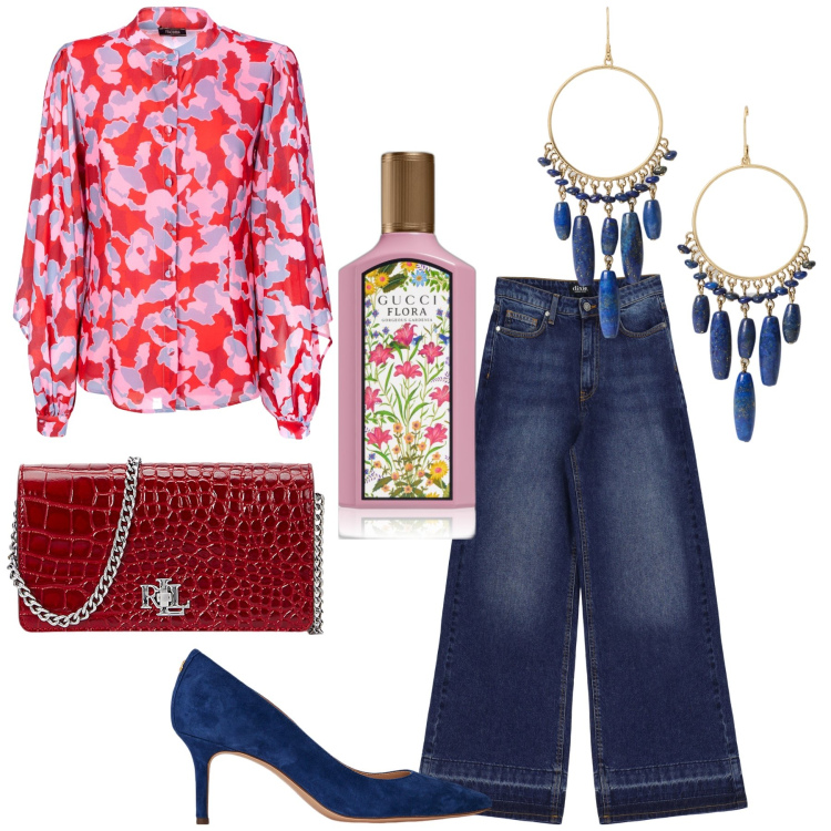 Outfit donna - Aperitivo fiorito. Stile Glamour per Serata fuori. Abbinamento con profumi, camicie, décolleté, orecchini, borse a mano, jeans.