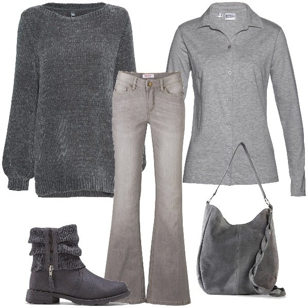 Outfit donna - Giornata nebbia grey. Stile Casual per Tutti i giorni. Abbinamento con maglieria, jeans bootcut, stivaletti, borse a mano, camicie.