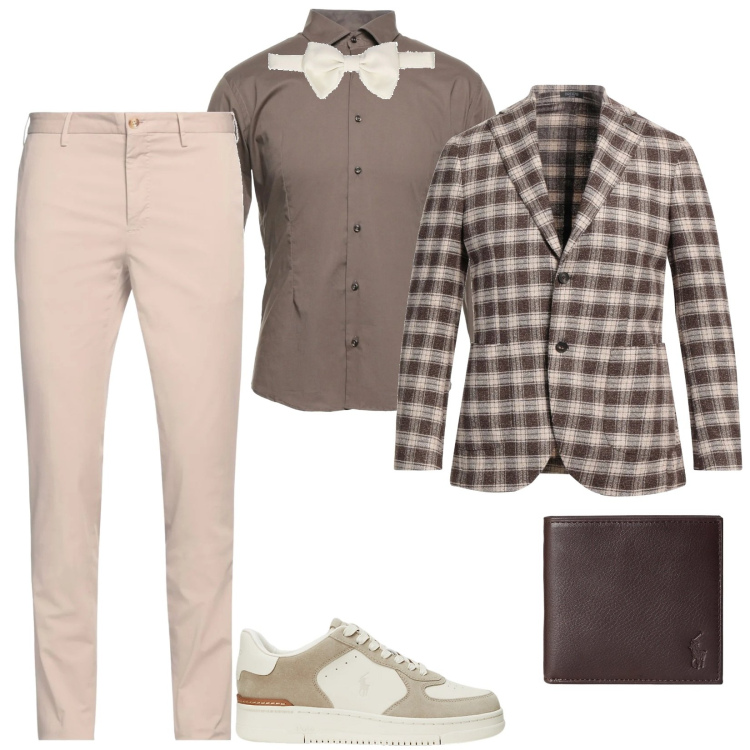 Outfit uomo - Total look #2003395. Stile Trendy per Tutti i giorni. Abbinamento con camicie, giacche, pantaloni chino, sneakers, portafogli, papillon.
