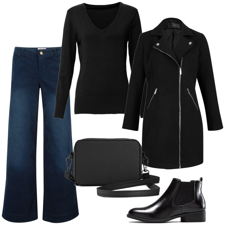 Outfit donna - Basic nero e jeans. Stile Basic per Tutti i giorni. Abbinamento con pantaloni, borse a tracolla, stivaletti chelsea, cappotti, maglieria.