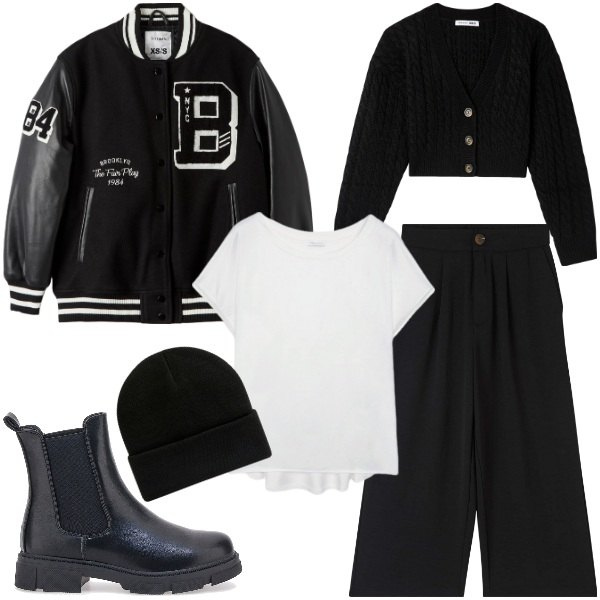 Outfit donna - pantaloni a palazzo. Stile Casual per Tutti i giorni. Abbinamento con pantaloni a palazzo, bomber, cardigans, berretti, stivaletti chelsea, bluse.