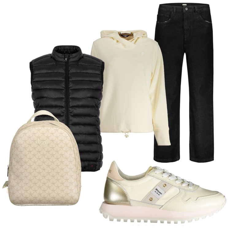 Outfit donna - Weekend. Stile Casual per Mare. Abbinamento con piumini, sneakers, felpe con cappuccio, jeans, zaini.
