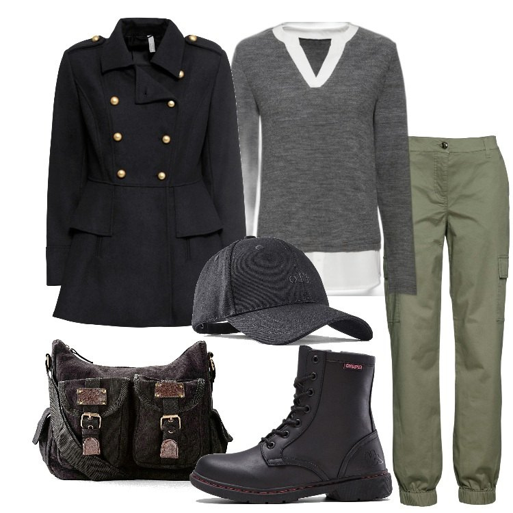 Outfit donna - Bonprix - Sfumature invernali. Stile Military per Tutti i giorni. Abbinamento con pantaloni cargo, cappelli con visiera, cappotti, maglieria, stivaletti, borse a tracolla.