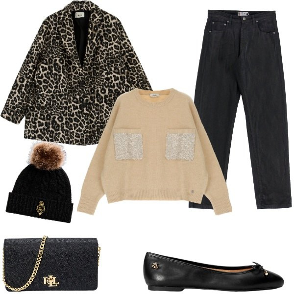 Outfit donna - Donna Curvy - mix di tessuti e stampe. Stile Casual chic per Serata fuori. Abbinamento con jeans dritti, pullovers, blazer, ballerine, borse a mano, berretti.