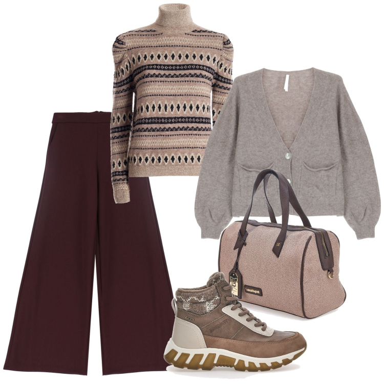 Outfit donna - Pantaloni a palazzo - Focus Donna Curvy. Stile Bon Ton per Tutti i giorni. Abbinamento con maglieria, pantaloni a palazzo, cardigans, stivaletti, borse a mano.