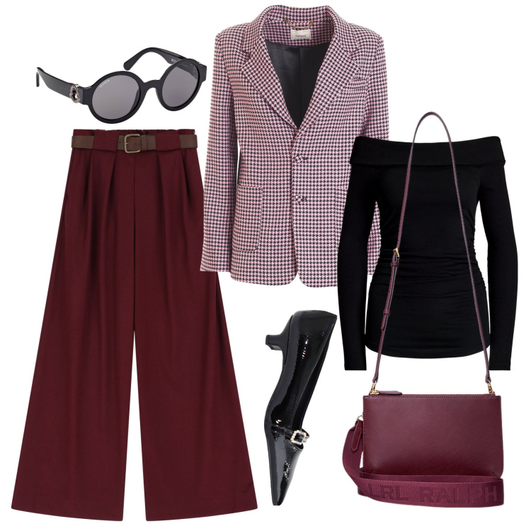 Outfit donna - Pantaloni a palazzo - Focus Donna Curvy. Stile Bon Ton per Tutti i giorni. Abbinamento con blazer, ballerine, pantaloni a palazzo, borse a tracolla, maglieria, occhiali da sole.