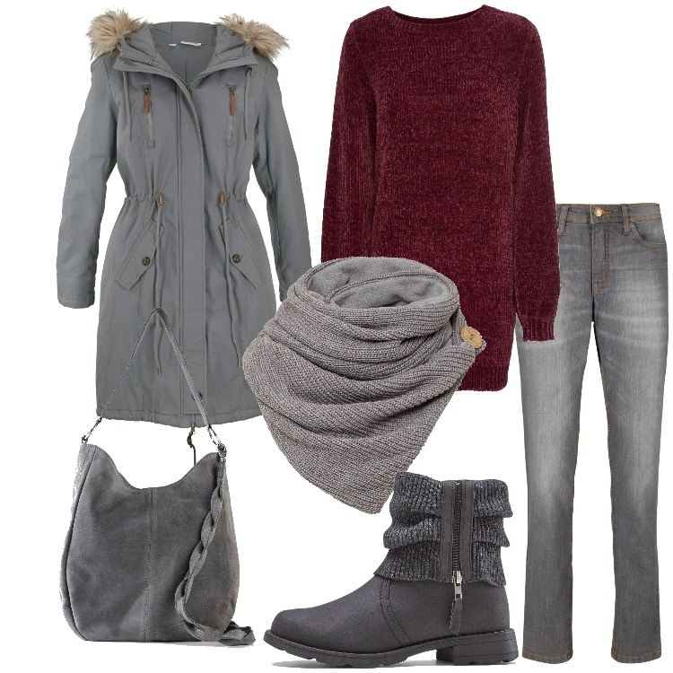 Outfit donna - Bonprix - Sfumature invernali. Stile Basic per Scuola/Università. Abbinamento con maglieria, jeans mom, foulard, stivaletti, borse a mano, parka.