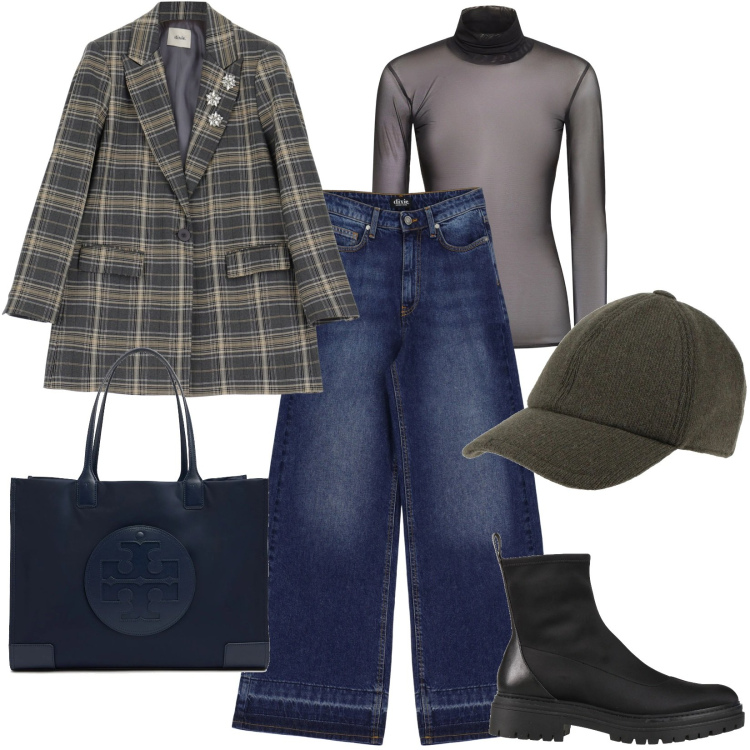 Outfit donna - Jeans e giacca a quadri. Stile Trendy per Tutti i giorni. Abbinamento con stivaletti, cappelli, jeans, blazer, shopping bag, top.