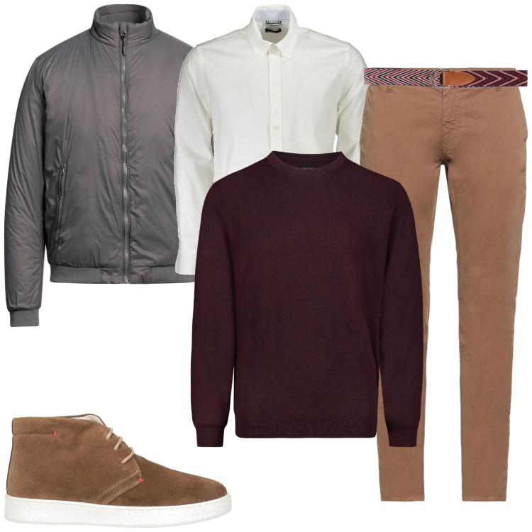 Outfit uomo - Business casual. Stile Casual per Ufficio. Abbinamento con stivali e stivaletti, piumini, pantaloni, cinture, maglieria, camicie.