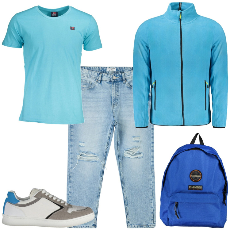 Outfit uomo - Total look #2003462. Stile Casual per Tutti i giorni. Abbinamento con jeans strappati, felpe, borse sportive, t-shirt, sneakers.