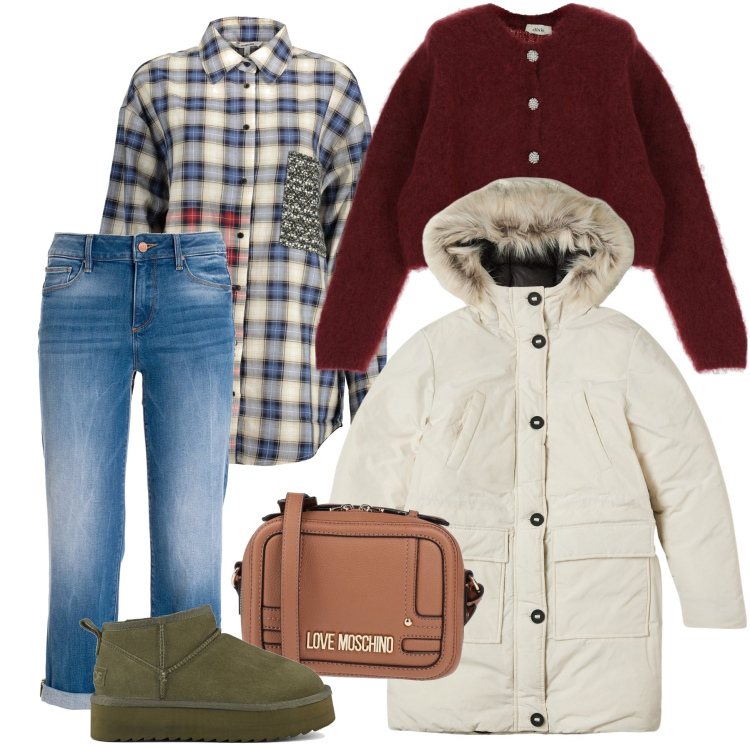 Outfit donna - In un giorno qualunque. Stile Casual per Tutti i giorni. Abbinamento con borse a tracolla, parka, jeans boyfriend, cardigans, stivaletti, camicie.