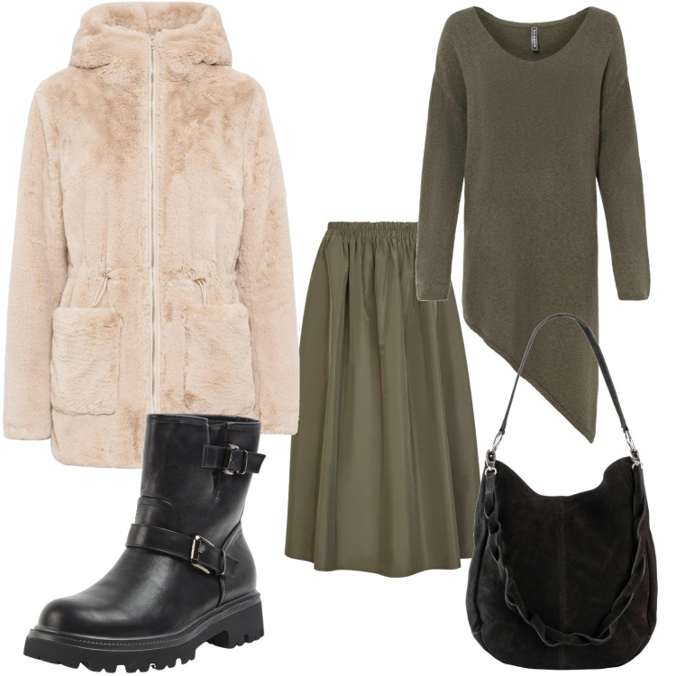 Outfit donna - Look avvolgente. Stile Bon Ton per Serata fuori. Abbinamento con ecopellicce, maglieria, borse a mano, stivaletti, gonne lunghe.