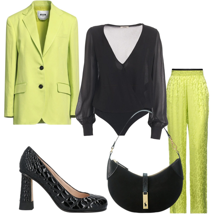 Outfit donna - Serata chic. Stile Casual chic per Serata fuori. Abbinamento con décolleté, blazer, pantaloni, body, borse a spalla.