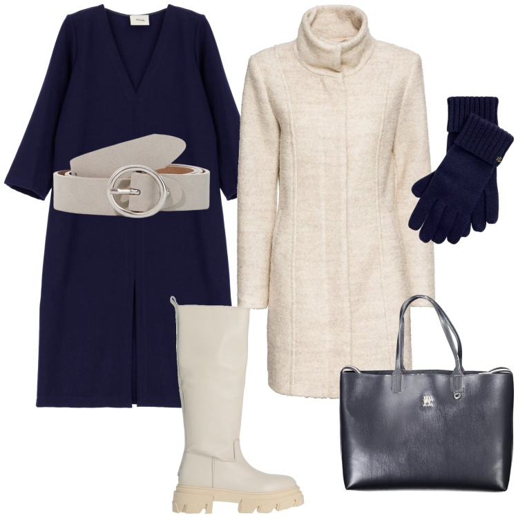 Outfit donna - Total look #2003484. Stile Casual chic per Tutti i giorni. Abbinamento con cappotti, stivali, vestiti, cinture, guanti, borse a spalla.