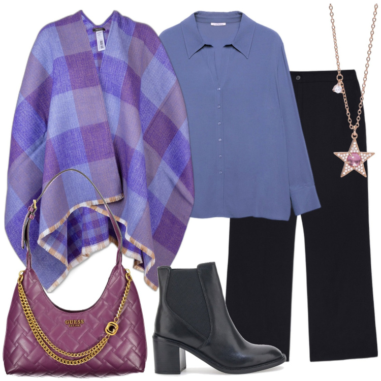 Outfit donna - Passeggiata autunnale curvy. Stile Casual chic per Tutti i giorni. Abbinamento con collane, cappe, stivaletti, pantaloni a palazzo, camicie, borse a spalla.
