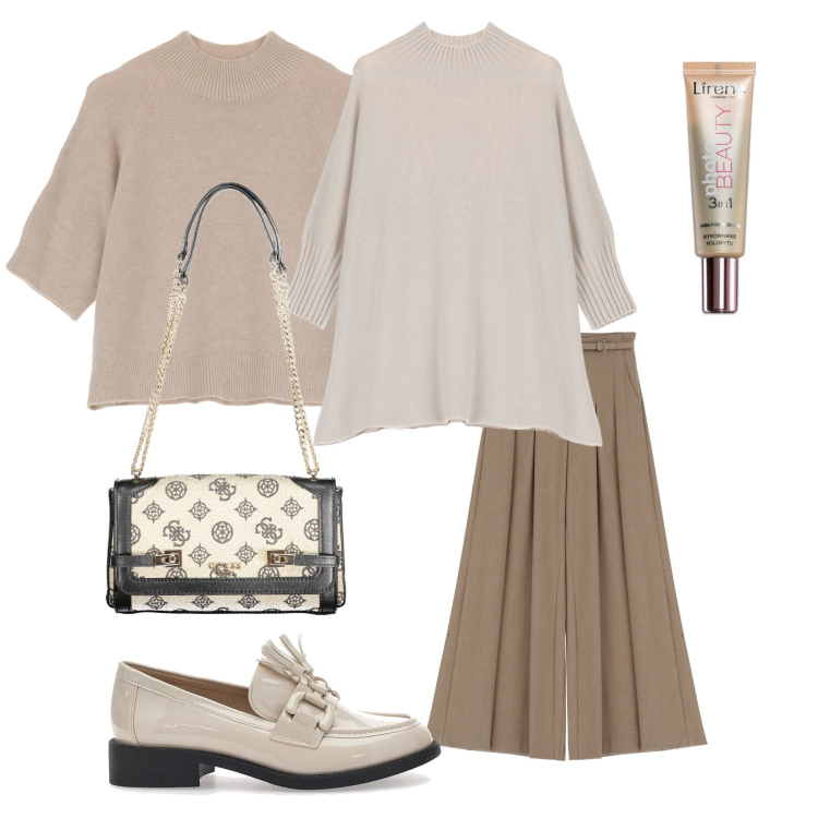 Outfit donna - Total look #2003535. Stile Bon Ton per Tutti i giorni. Abbinamento con primer, pantaloni a palazzo, maglieria, cappe, mocassini, borse a spalla.