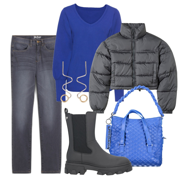 Outfit donna - Savoy. Stile Casual per Tutti i giorni. Abbinamento con maglieria, jeans dritti, stivaletti, blazer, orecchini, borse a spalla.