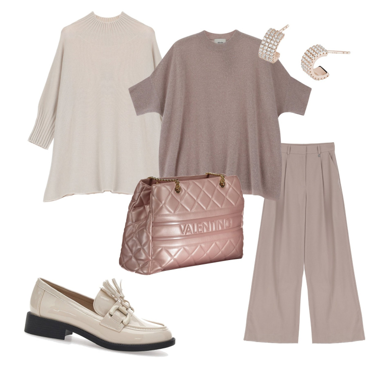 Outfit donna - Toni neutri. Stile Bon Ton per Ufficio. Abbinamento con orecchini, cappe, pantaloni, pullovers, mocassini, borse a spalla.