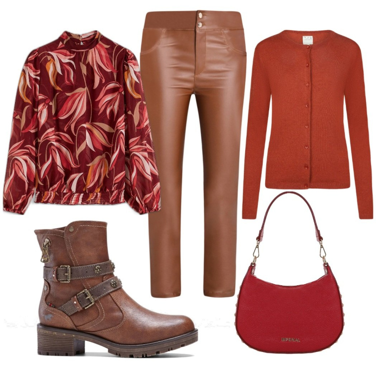 Outfit donna - Foliage. Stile Casual chic per Scuola/Università. Abbinamento con stivaletti, bluse, borse a spalla, pantaloni, cardigans.