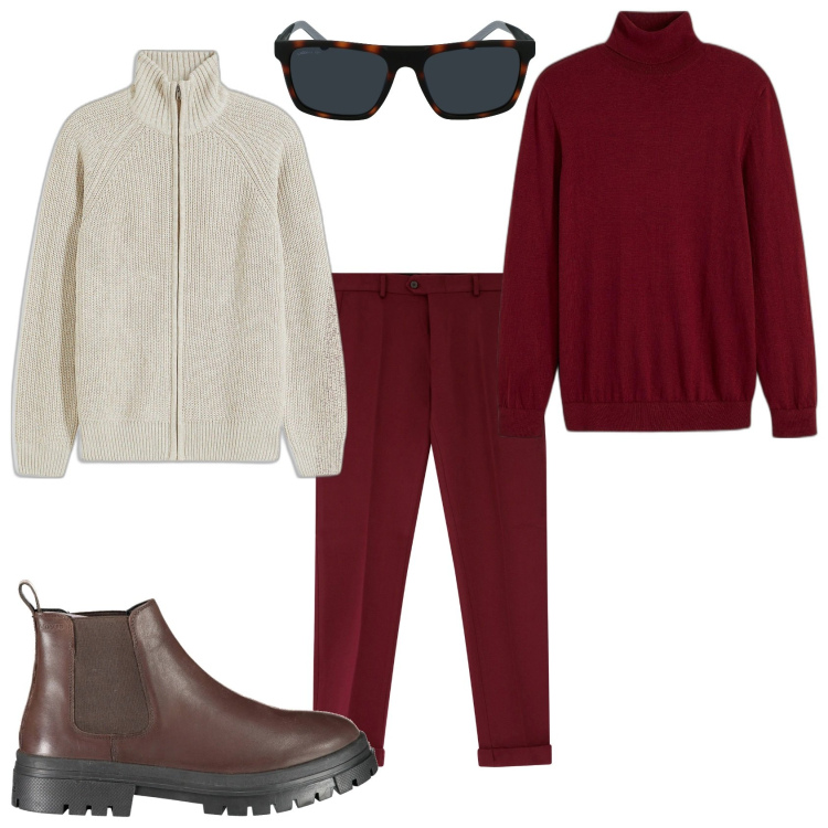 Outfit uomo - Bianco e borgogna. Stile Urban per Tutti i giorni. Abbinamento con maglieria, cardigans, pantaloni, stivali, occhiali da sole.